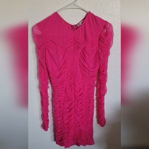 Pink Ruched Bodycon Dress with Bishop Sleeves